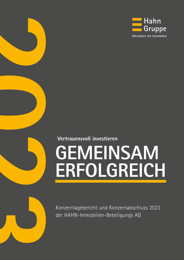 Titelseite eines Finanzberichts der Hahn Gruppe. Es zeigt große gelbe Zahlen „2023“ auf dunkelgrauem Hintergrund. Der Text auf Deutsch lautet „Vertrauensvoll investieren, GEMEINSAM ERFOLGREICH“ und beschreibt den Unternehmensfinanzbericht 2023.