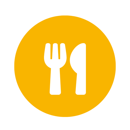 Ein weißes Gabel- und Löffel-Symbol nebeneinander auf einem gelben kreisförmigen Hintergrund, das Essen oder Essen symbolisiert.