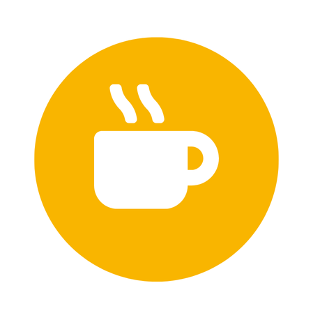 Weiße Kaffeetasse mit aufsteigendem Dampf, zentriert auf einem gelben kreisförmigen Hintergrund.