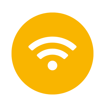 Weißes Wi-Fi-Signal-Symbol mit drei gekrümmten Linien und einem Punkt, zentriert auf einem soliden gelben kreisförmigen Hintergrund.