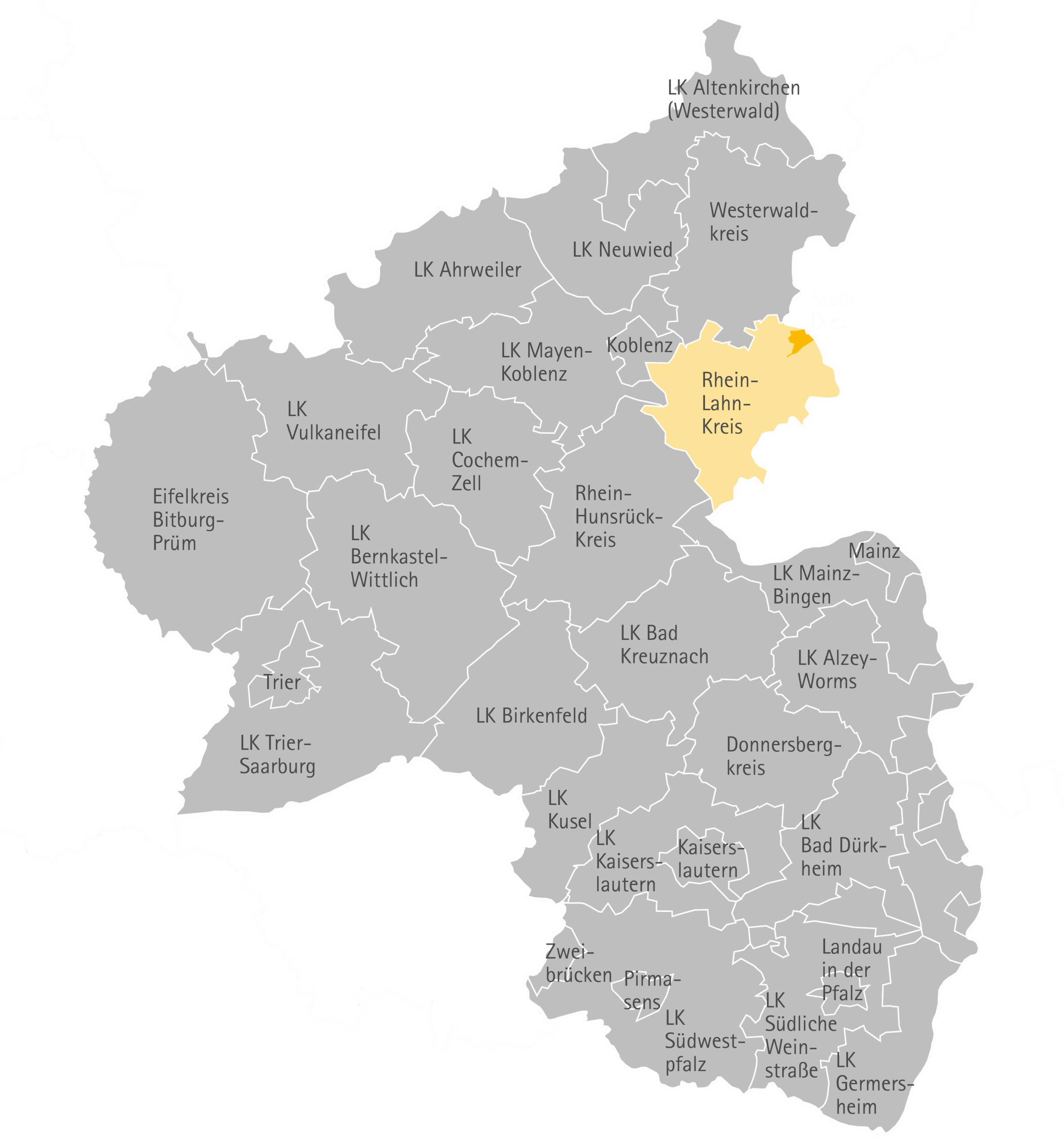 Karte der rheinland-pfälzischen Landkreise, Deutschland, mit dem gelb hervorgehobenen "Rhein-Lahn-Kreis", umgeben von anderen grau gefärbten Kreisen, die die regionale Geographie und die Grenzen zeigen.
