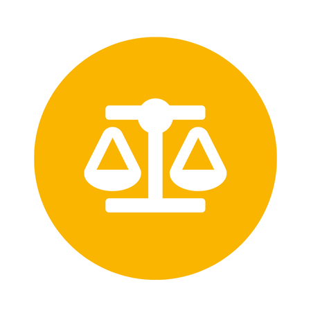 Ein weißes Symbol einer ausgewogenen Waage auf einem gelben kreisförmigen Hintergrund, das Gerechtigkeit oder Fairness symbolisiert.