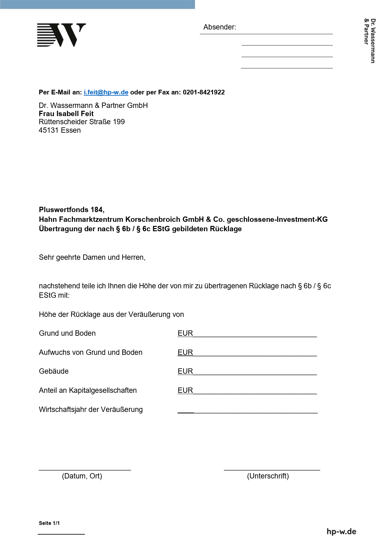 Ein formelles Schreiben der Dr. Wassermann & Partner GmbH bittet um finanzielle Angaben zu Rücklagenübertragungen für ein Unternehmen. Es enthält ein Logo, Kontaktinformationen, Finanzkategorien mit leeren EUR-Feldern und Unterschriftszeilen am Ende.