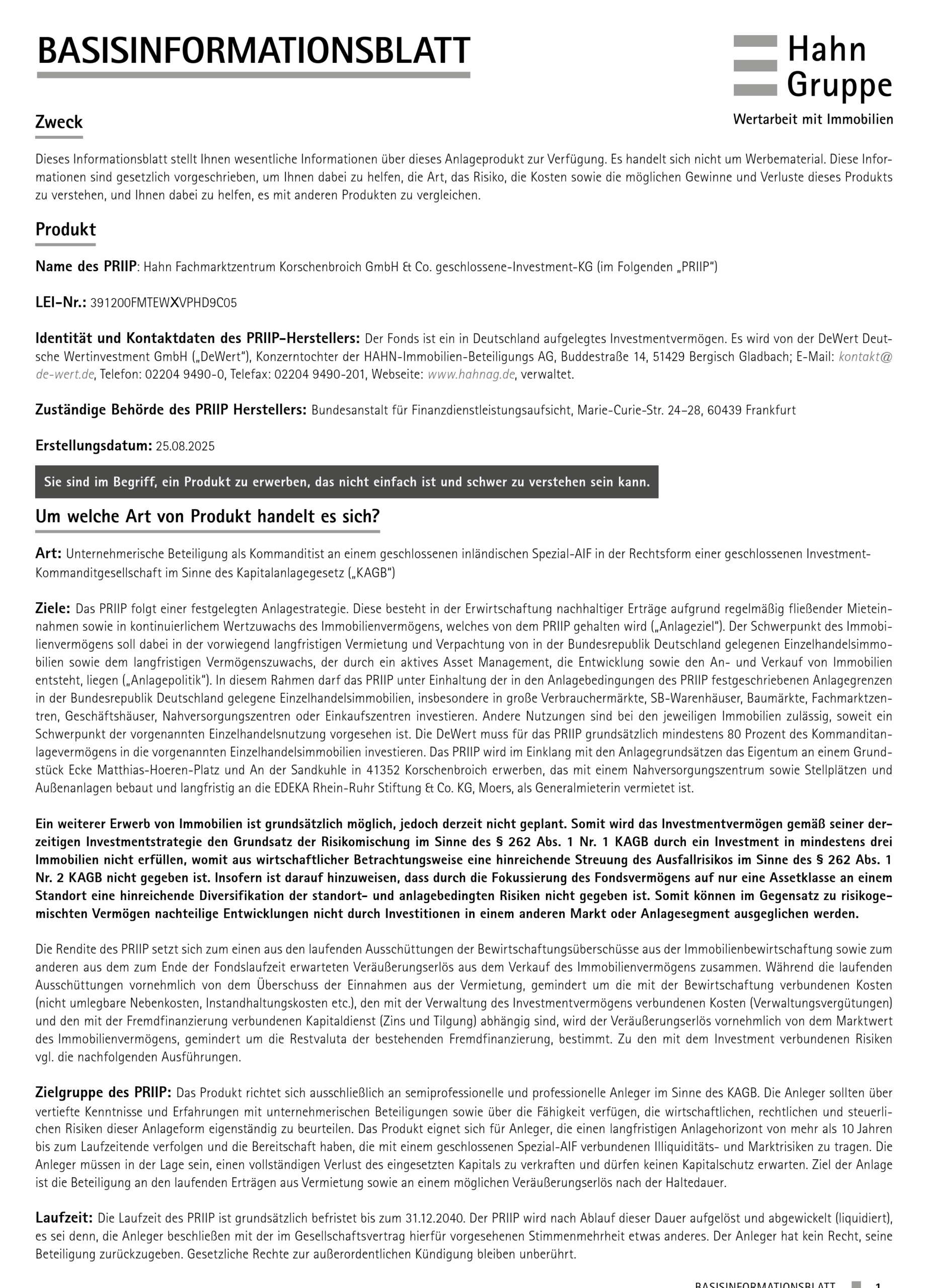 Ein deutschsprachiges Informationsblatt mit dem Titel BASISINFORMATIONSDATBLATT der Hahn Gruppe enthält Einzelheiten über ein Finanzanlageprodukt, einschließlich Produktname, Emittent, Kontaktinformationen, Produkttyp, Risiken und zuständige Behörden.