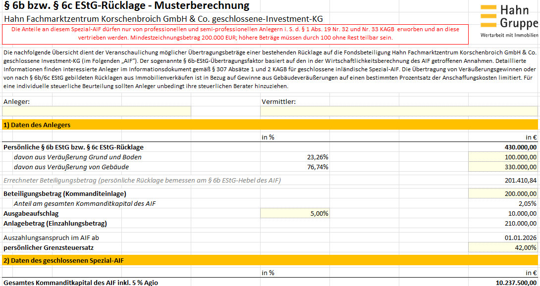 Eine Finanzkalkulationstabelle für eine geschlossene Beteiligung (Hahn Fachmarktzentrum Korschenbroich GmbH & Co. geschlossene Investment-KG). Die Tabelle zeigt die Daten des Anlegers, die Kapitaleinlage und die dazugehörigen Finanzkennzahlen. Logo der Hahn Gruppe oben rechts.