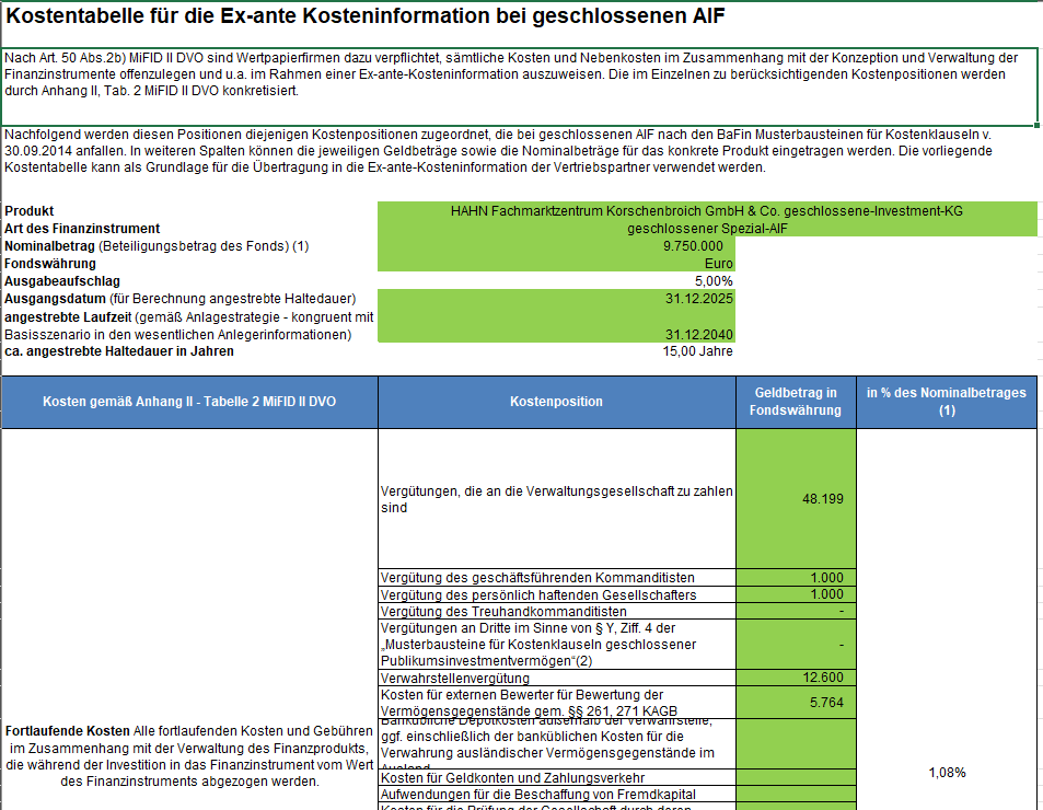 Kostentabelle für ex-ante Kosteninformationen eines geschlossenen AIF. Die Tabelle enthält Kostenkategorien, Beträge in Euro, Prozentsätze und Beschreibungen für HAHN Fondsmanagement und HAHN FCP Investment-KG. Der Text ist in deutscher Sprache.