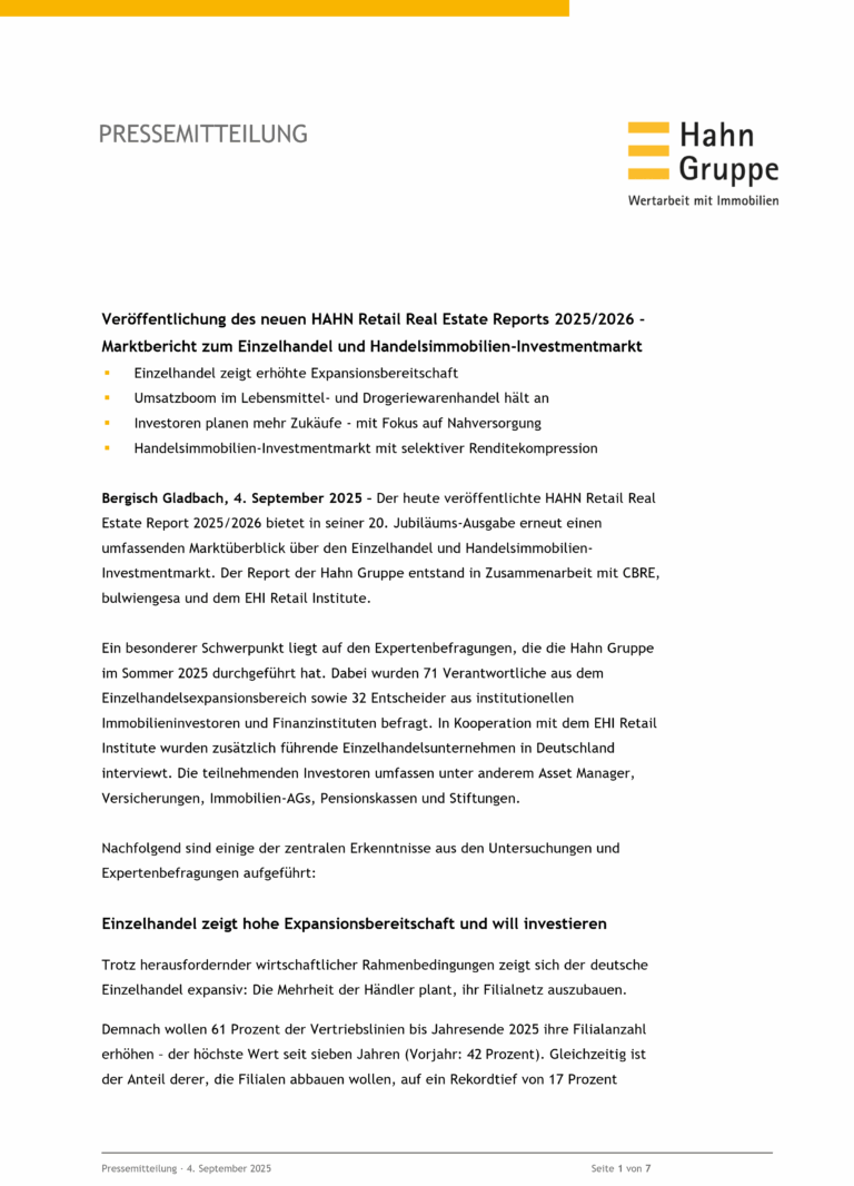 Eine Pressemitteilung der HAHN Gruppe mit ihrem Logo, der Überschrift und den wichtigsten Punkten zum HAHN Retail Real Estate Report 2025/2026, der sich mit den Trends auf dem Einzelhandels- und Gewerbeimmobilienmarkt beschäftigt.