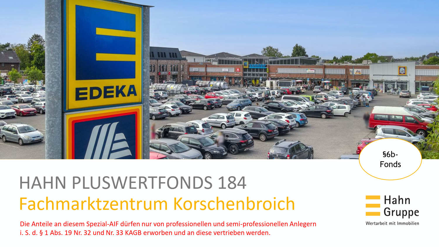 Ein belebter Parkplatz vor einem EDEKA-Markt in einem Einkaufszentrum in Korschenbroich, Deutschland, mit vielen geparkten Autos und umliegenden Geschäften. Im Vordergrund sind die Hahn Gruppe und die Fondsangaben zu sehen.