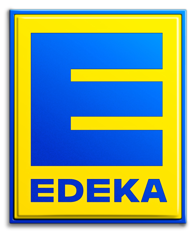 Ein blauer Buchstabe E und das Wort EDEKA in blauer Schrift auf einem leuchtend gelben, rechteckigen Hintergrund, der das Logo der deutschen Supermarktkette EDEKA darstellt.